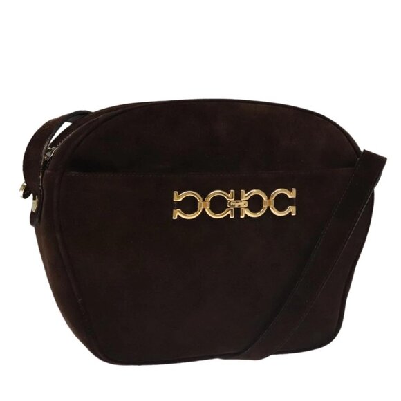 Salvatore Ferragamo Gancini Shoulder Bag Suede Brown Gold Auth 110015 - Picture 1 of 14